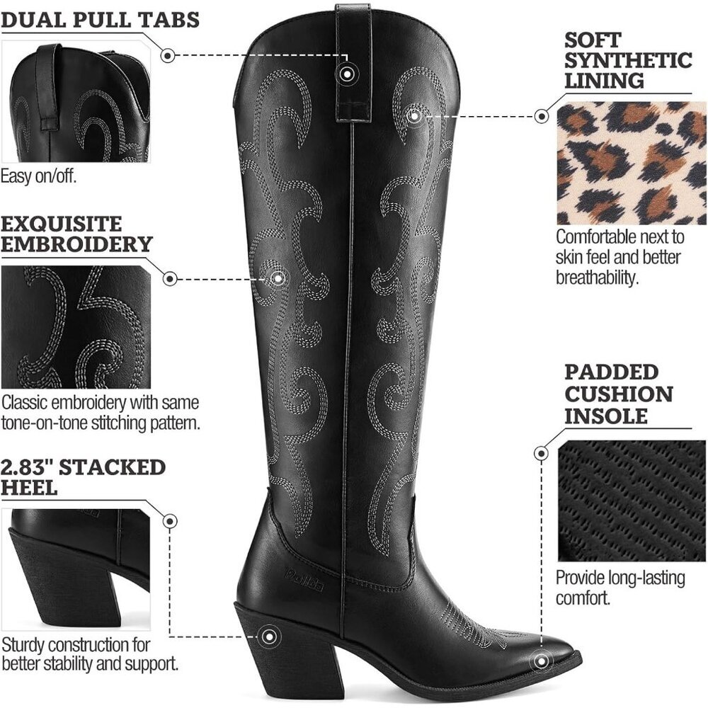 Women Cowgirl Boot Embroidered Knee-High Western Boots Pointy Toe Black W/Zipper - Picture 2 of 7